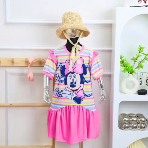 [H16] Váy Bé Gái Size Đại 14-49kg, Đầm Suông Kẻ Sọc Phối Lai Vải Thun Lạnh in Hoạt Hình Hot Trend