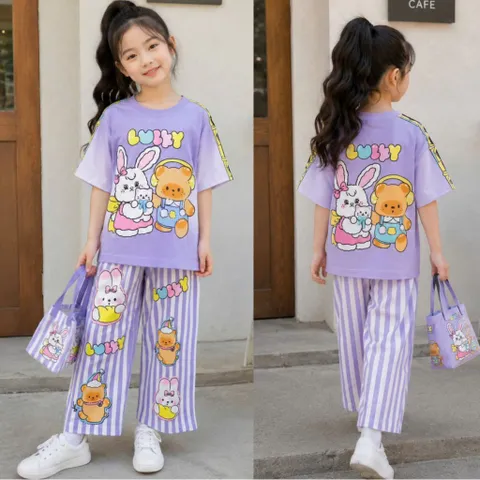 [H13] 12-45kg Đồ bộ bé gái tay ngắn quần dài ống suông thun lạnh 3D họa tiết hoạt hình dễ thương