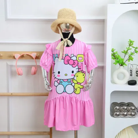 [H16] Váy Bé Gái Size Đại 14-49kg, Đầm Suông Kẻ Sọc Phối Lai Vải Thun Lạnh in Hoạt Hình Hot Trend