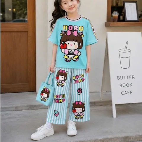 [H13] 12-45kg Đồ bộ bé gái tay ngắn quần dài ống suông thun lạnh 3D họa tiết hoạt hình dễ thương