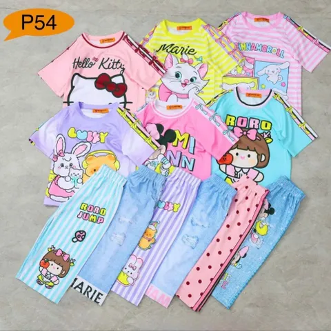 [H13] 12-45kg Đồ bộ bé gái tay ngắn quần dài ống suông thun lạnh 3D họa tiết hoạt hình dễ thương