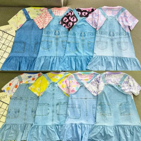 Váy bé gái size đại 10-42kg, Đầm suông thun lạnh in 3D giả yếm jean xinh xắn, Váy Labubu cho bé gái
