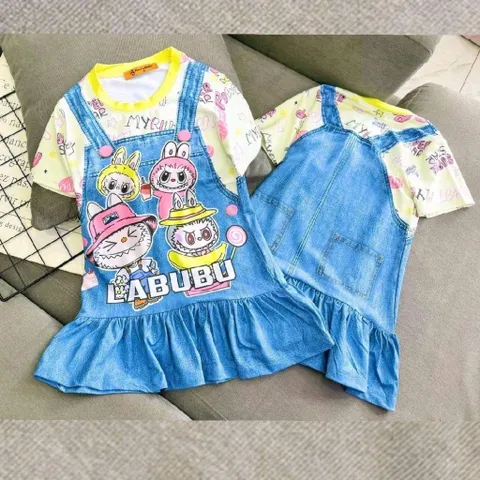 Váy bé gái size đại 10-42kg, Đầm suông thun lạnh in 3D giả yếm jean xinh xắn, Váy Labubu cho bé gái