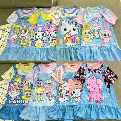 Váy bé gái size đại 10-42kg, Đầm suông thun lạnh in 3D giả yếm jean xinh xắn, Váy Labubu cho bé gái