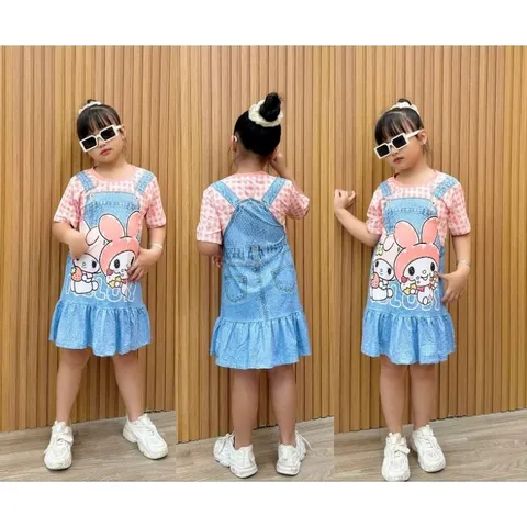 Váy bé gái size đại 10-42kg, Đầm suông thun lạnh in 3D giả yếm jean xinh xắn, Váy Labubu cho bé gái