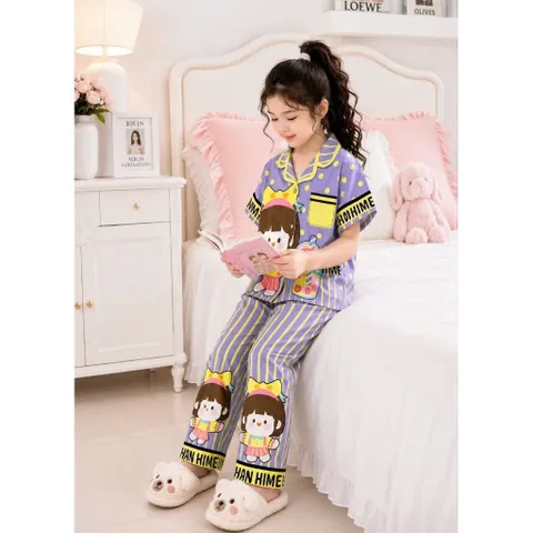 12-45kg A902 Bộ Pijama Bé Gái Thun Lạnh 3D Hoạt Hình Mềm Mịn Dễ Thương