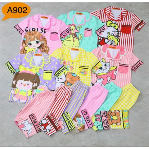 12-45kg A902 Bộ Pijama Bé Gái Thun Lạnh 3D Hoạt Hình Mềm Mịn Dễ Thương