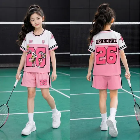 13-49kg H9 Đồ bộ bé gái quần đùi áo tay ngắn thun lạnh họa tiết hoạt hình thể thao siêu cưng