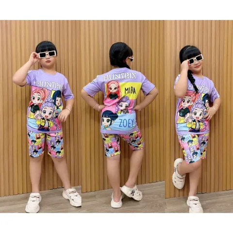 11-45kg A560 Đồ bộ bé gái vải thun lạnh in 3D họa tiết hoạt hình thể thao siêu cưng