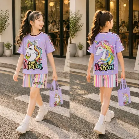 13-49kg H10 Bộ thun lạnh in 3D hình hoạt hình bé gái size đại, đồ bộ bé gái