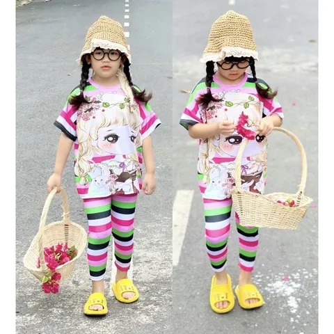 (20-40ký) Bộ tay ngắn quần dài thun lạnh in 3D siêu đẹp, bộ quần áo bé gái