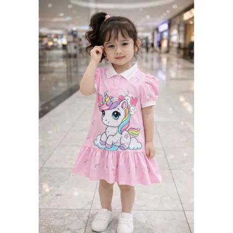 12-45kg A521 Đầm suông thun lạnh in 3D họa tiết hoạt hình siêu cưng, váy bé gái size đại