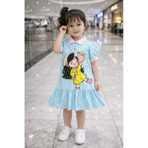 12-45kg A521 Đầm suông thun lạnh in 3D họa tiết hoạt hình siêu cưng, váy bé gái size đại