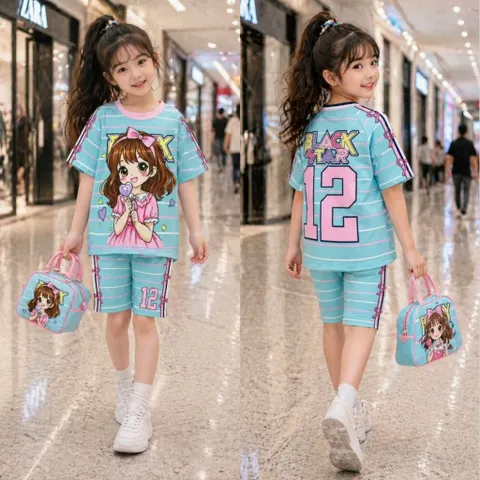 13-49kg A852 Đồ bộ bé gái thun lạnh in họa tiết hoạt hình thể thao siêu cưng