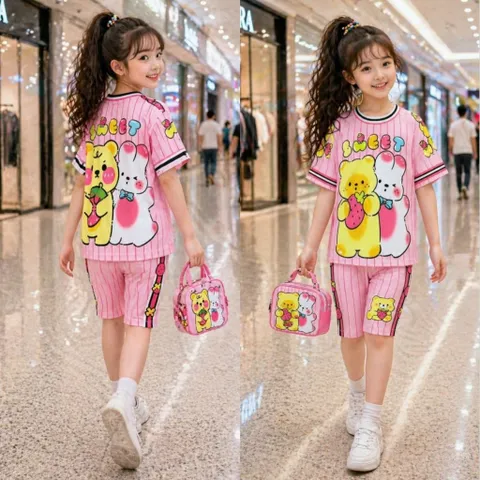 13-49kg A852 Đồ bộ bé gái thun lạnh in họa tiết hoạt hình thể thao siêu cưng