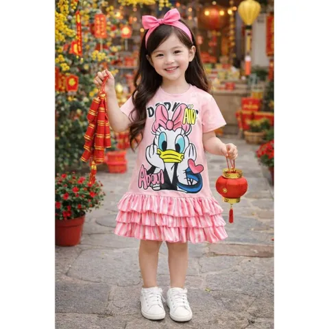 11-45kg A638 Đầm suông phối bèo tầng vải thun lạnh in hoạt hình siêu cưng, váy bé gái size đại