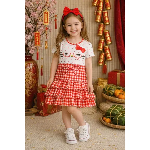 11-45kg A638 Đầm suông phối bèo tầng vải thun lạnh in hoạt hình siêu cưng, váy bé gái size đại