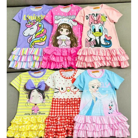 11-45kg A638 Đầm suông phối bèo tầng vải thun lạnh in hoạt hình siêu cưng, váy bé gái size đại