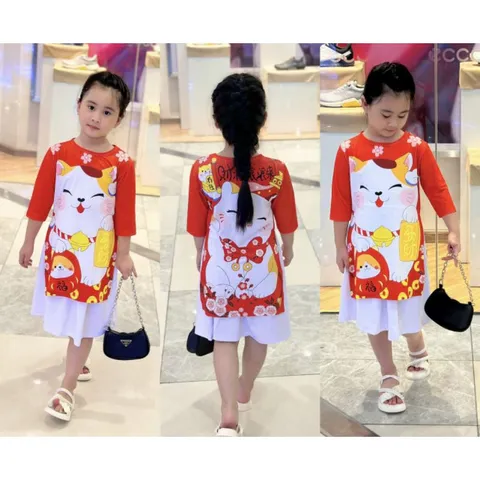 10-40kg | Sét áo dài bé gái thun lạnh in 3D cực xinh xắn