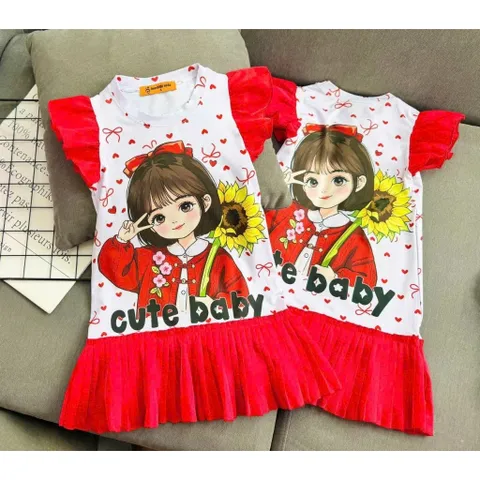 12-45kg A613 Đầm suông thun lạnh phối voan xếp ly siêu mịn, váy bé gái size đại
