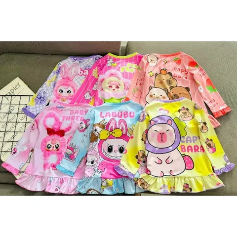 (12-43ký) Bộ dài tay thun lạnh in 3D siêu đẹp cho bé gái, bộ quần áo trẻ em Labubu, Baby Three, Capybara