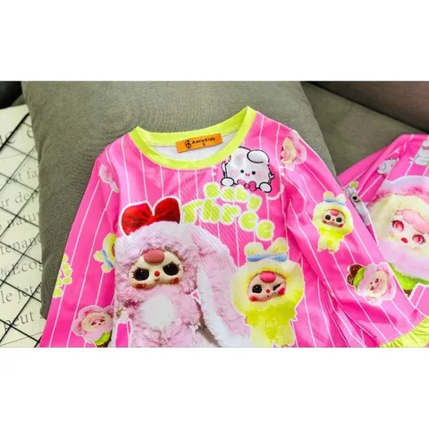 (12-43ký) Bộ dài tay thun lạnh in 3D siêu đẹp cho bé gái, bộ quần áo trẻ em Labubu, Baby Three, Capybara