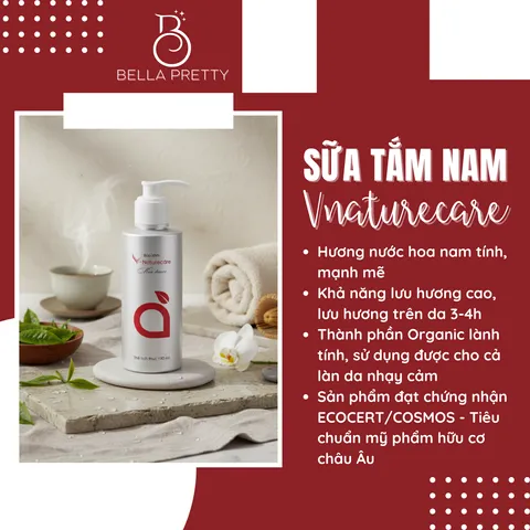 Sữa tắm nam Vnaturecare Men Shower 190ml làm sạch sâu, khử mùi cơ thể lưu hương nam tính - Organic