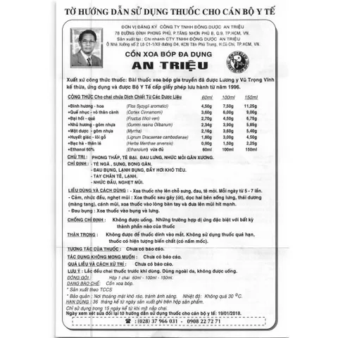 Cồn Xoa Bóp Đa Dụng An Triệu Giúp Giảm Đau Xương Khớp, Chân Tay Tê, Đau Bụng, Nhức Đầu (Chai 100ml)