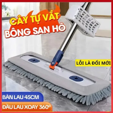 Cây Lau Nhà Tự Vắt Bông San Hô 45cm, Chổi Lau Nhà Tự Vắt Xoay 360 Độ Sợi Microfiber Siêu Thấm  -
