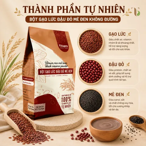 Bột Gạo Lức Đậu Đỏ Mè Đen Vitapro Không Đường Thùng 20 Bịch - Ngũ Cốc Dinh Dưỡng Ăn Kiêng Eat Clean