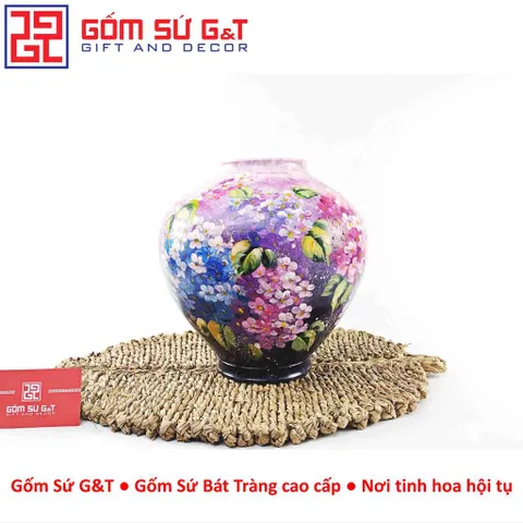 Lọ Hoa Gốm Sứ Bát Tràng Vuốt Tay Dáng Lồng Đèn Vẽ Hoa Cẩm Tú Cầu Thủ Công Cao Cấp