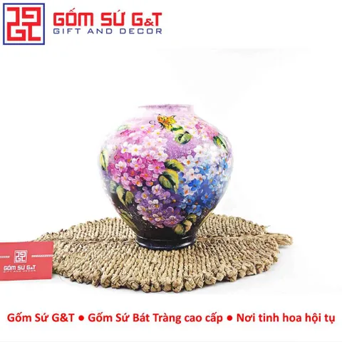 Lọ Hoa Gốm Sứ Bát Tràng Vuốt Tay Dáng Lồng Đèn Vẽ Hoa Cẩm Tú Cầu Thủ Công Cao Cấp
