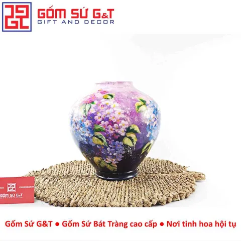 Lọ Hoa Gốm Sứ Bát Tràng Vuốt Tay Dáng Lồng Đèn Vẽ Hoa Cẩm Tú Cầu Thủ Công Cao Cấp