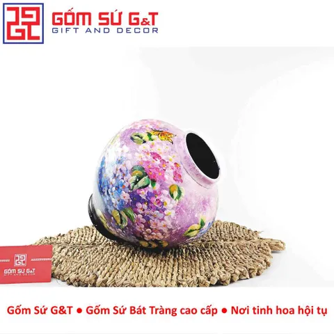 Lọ Hoa Gốm Sứ Bát Tràng Vuốt Tay Dáng Lồng Đèn Vẽ Hoa Cẩm Tú Cầu Thủ Công Cao Cấp