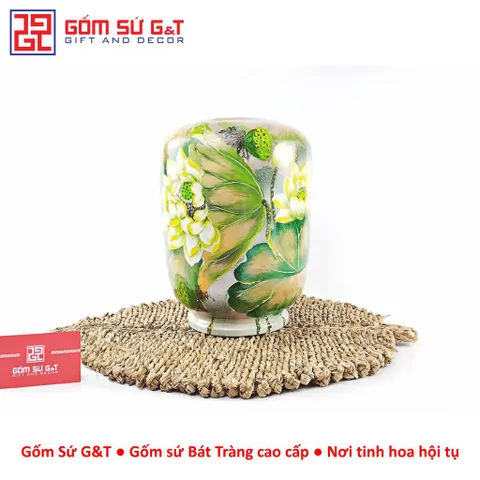 Lọ Hoa Gốm Bát Tràng Vuốt Tay Vẽ Sen Chuồn Dáng Thạp – Bình Cắm Hoa Thủ Công Trang Trí Decor
