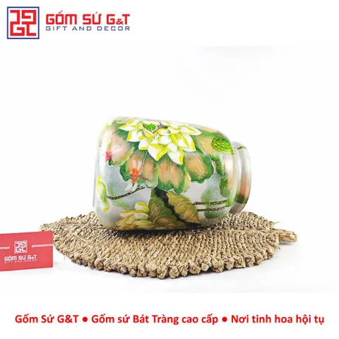 Lọ Hoa Gốm Bát Tràng Vuốt Tay Vẽ Sen Chuồn Dáng Thạp – Bình Cắm Hoa Thủ Công Trang Trí Decor