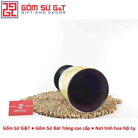 Lọ Hoa Gốm Sứ Bát Tràng Vuốt Tay Dáng Ly Thấp Vẽ Hoa Hướng Dương Thủ Công Cao Cấp