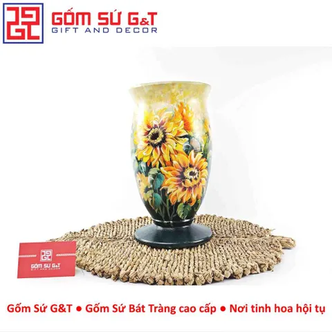 Lọ Hoa Gốm Sứ Bát Tràng Vuốt Tay Dáng Ly Thấp Vẽ Hoa Hướng Dương Thủ Công Cao Cấp