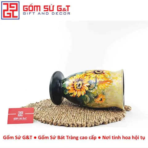 Lọ Hoa Gốm Sứ Bát Tràng Vuốt Tay Dáng Ly Thấp Vẽ Hoa Hướng Dương Thủ Công Cao Cấp