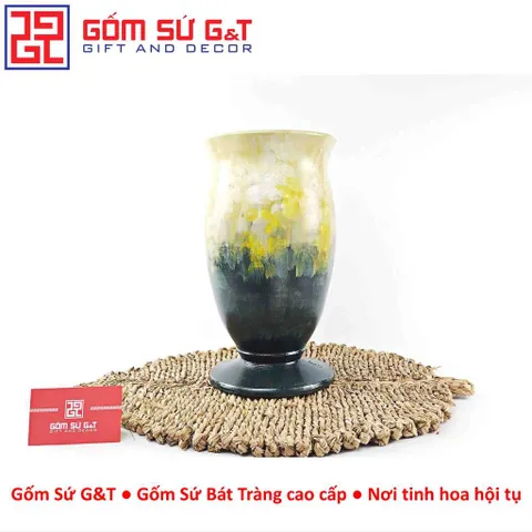 Lọ Hoa Gốm Sứ Bát Tràng Vuốt Tay Dáng Ly Thấp Vẽ Hoa Hướng Dương Thủ Công Cao Cấp