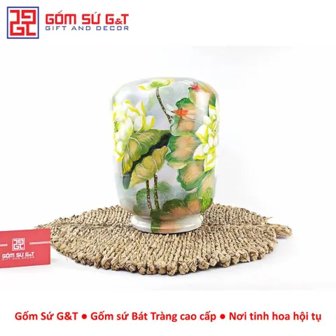 Lọ Hoa Gốm Bát Tràng Vuốt Tay Vẽ Sen Chuồn Dáng Thạp – Bình Cắm Hoa Thủ Công Trang Trí Decor