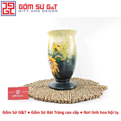 Lọ Hoa Gốm Sứ Bát Tràng Vuốt Tay Dáng Ly Thấp Vẽ Hoa Hướng Dương Thủ Công Cao Cấp