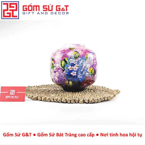 Lọ Hoa Gốm Sứ Bát Tràng Vuốt Tay Dáng Vò Vẽ Hoa Cẩm Tú Cầu Thủ Công Cao Cấp