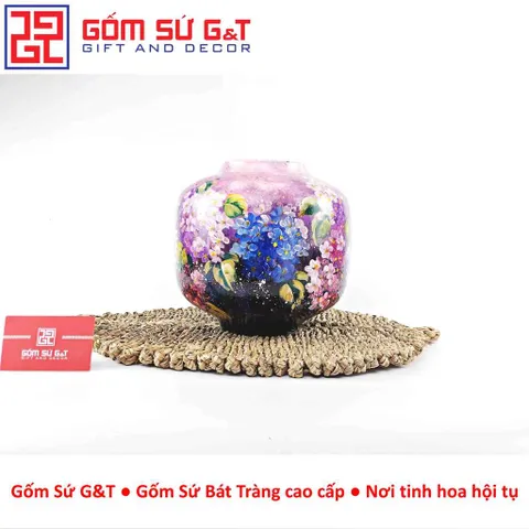 Lọ Hoa Gốm Sứ Bát Tràng Vuốt Tay Dáng Vò Vẽ Hoa Cẩm Tú Cầu Thủ Công Cao Cấp