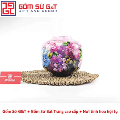 Lọ Hoa Gốm Sứ Bát Tràng Vuốt Tay Dáng Vò Vẽ Hoa Cẩm Tú Cầu Thủ Công Cao Cấp