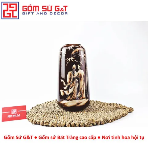 Lọ hoa trang trí dáng đu đủ vẽ gieo duyên quan họ 3D nâu trầm Gốm Sứ G&T