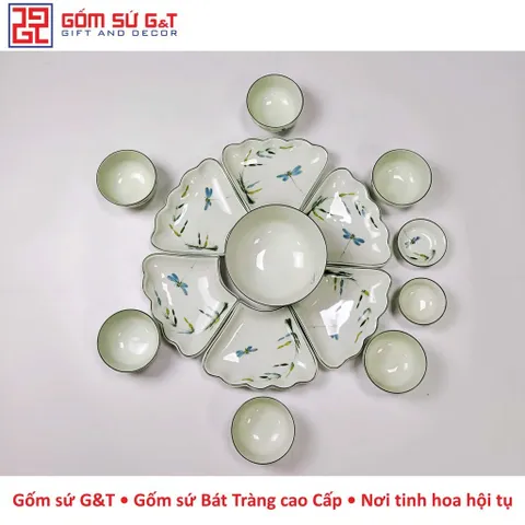 Bộ đồ ăn mặt trời vẽ trúc chuồn men kem Gốm Sứ G&T