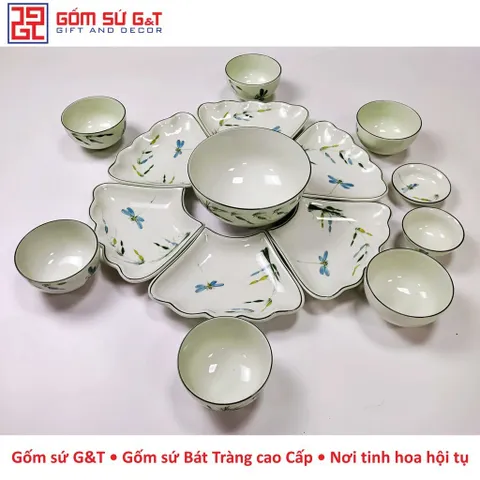 Bộ đồ ăn mặt trời vẽ trúc chuồn men kem Gốm Sứ G&T