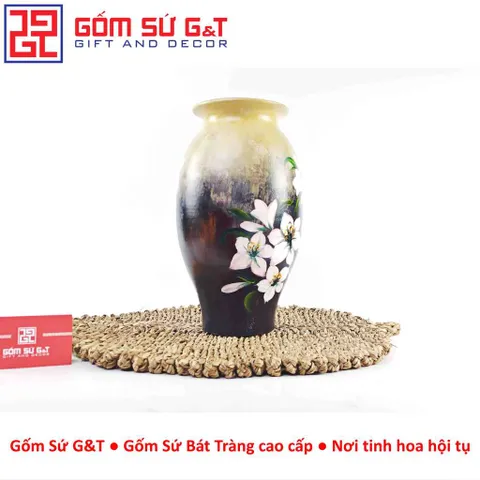 Lọ Hoa Gốm Vuốt Tay Dáng Bom Vẽ Hoa Loa Kèn – Gốm Thủ Công Bát Tràng Decor Phòng Khách - Gốm Sứ G&T
