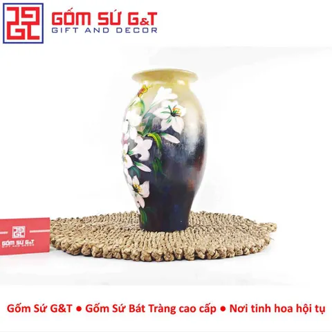 Lọ Hoa Gốm Vuốt Tay Dáng Bom Vẽ Hoa Loa Kèn – Gốm Thủ Công Bát Tràng Decor Phòng Khách - Gốm Sứ G&T